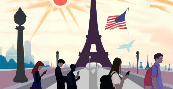 Image générée par le logiciel DALL-E d'OpenAI en quelques itérations sur la base de la demande suivante (traduite de l'anglais) : personnes marchant dans les rues de Paris avec des smartphones, drapeau américain en arrière plan